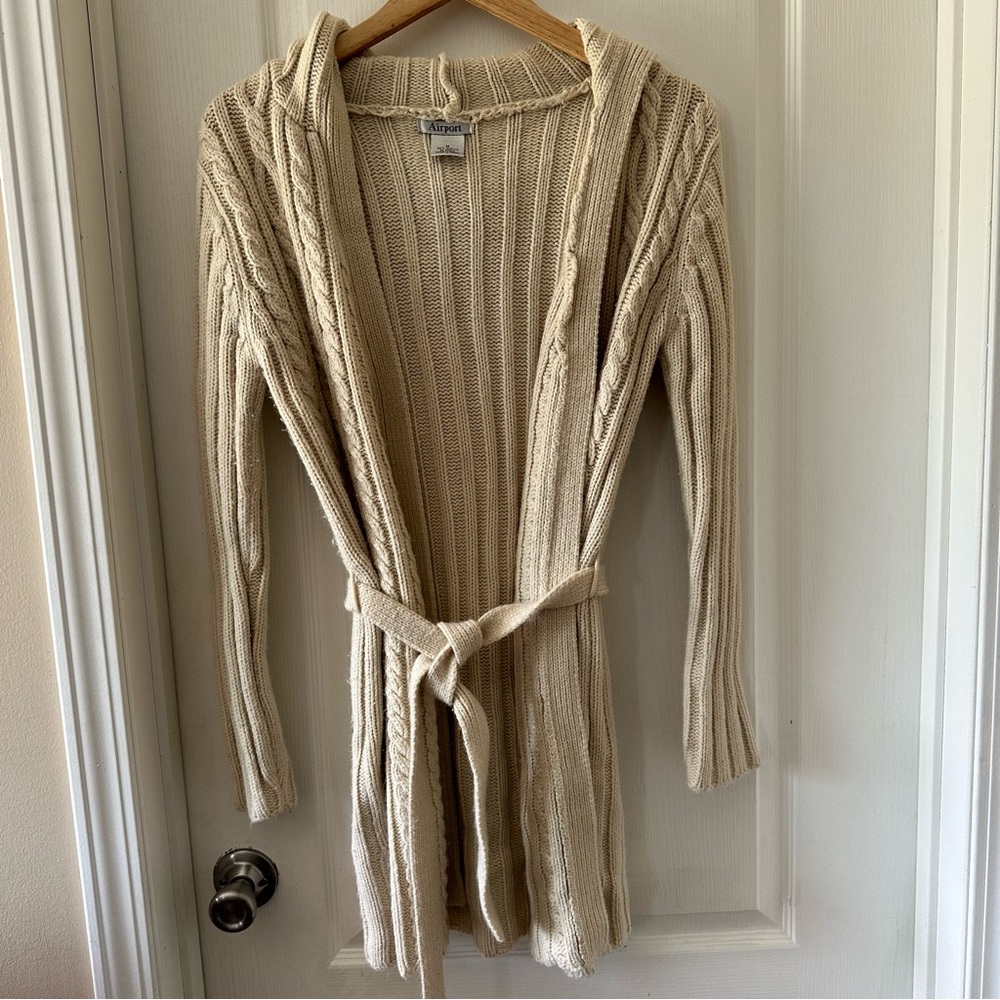 Vintage Airport cable knit tie open front long sweater cream